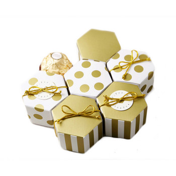 10 бр./лот мини златна кръгла точкова раирана шестоъгълна кутия за бонбони за сватба, рожден ден, украса за парти, подарък, сувенири PM003