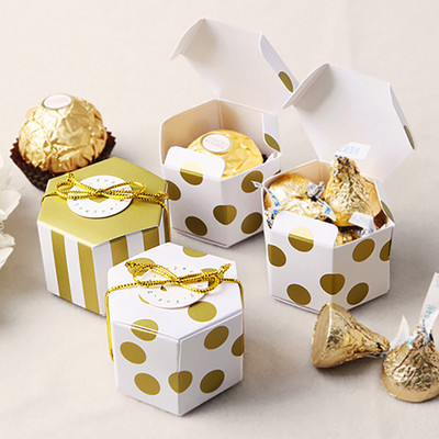 10 бр./лот мини златна кръгла точкова раирана шестоъгълна кутия за бонбони за сватба, рожден ден, украса за парти, подарък, сувенири PM003