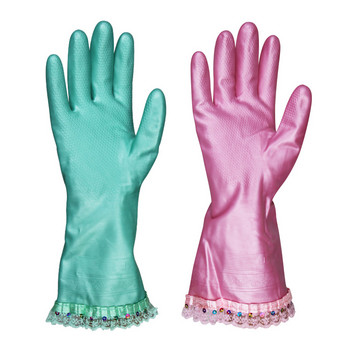 Λαστιχένια γάντια οικιακής χρήσης από καουτσούκ για πλύσιμο πιάτων με δαντέλα Χοντρό ζεστό εργαλείο κουζίνας Αδιάβροχο λατέξ και ανθεκτικό στα αλκάλια