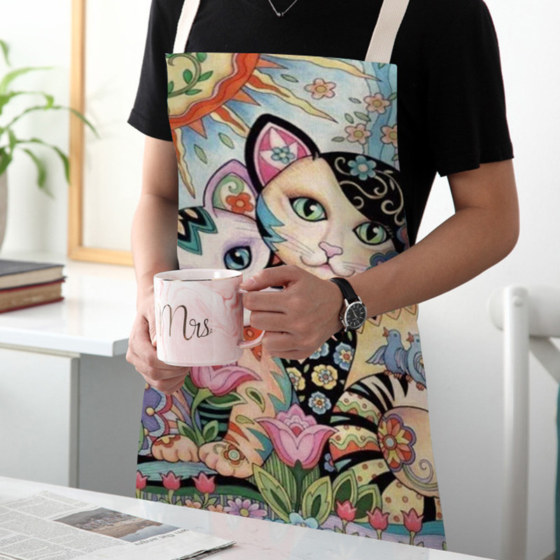 Lilleköök Kokanduspõll Armas kass Prinditud Kodu Varrukateta puuvillased linased põlled meestele Naistele Küpsetustarvikud