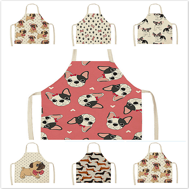 Puuvillane Linane BullDog Dog Print Köökpõlled Unisex Peokookimine Pudipõll Naljakas Pinafore Puhastuspõll Delantal Cocina Delantal