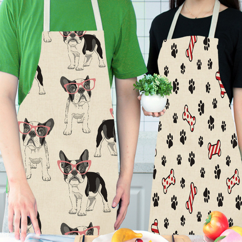 Puuvillane Linane BullDog Dog Print Köökpõlled Unisex Peokookimine Pudipõll Naljakas Pinafore Puhastuspõll Delantal Cocina Delantal