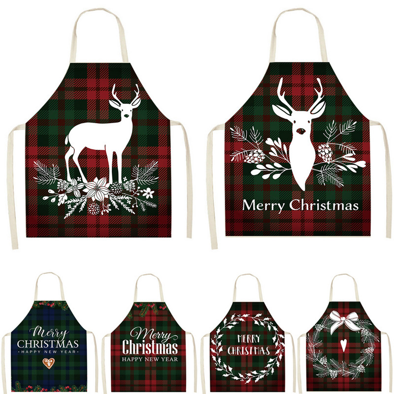 Elan în carouri Moș Crăciun șorț de Crăciun Decor de Crăciun Fericit pentru acasă, femei, gătit acasă, coacere, talie, bavetă Delantal Cocina 68x55cm