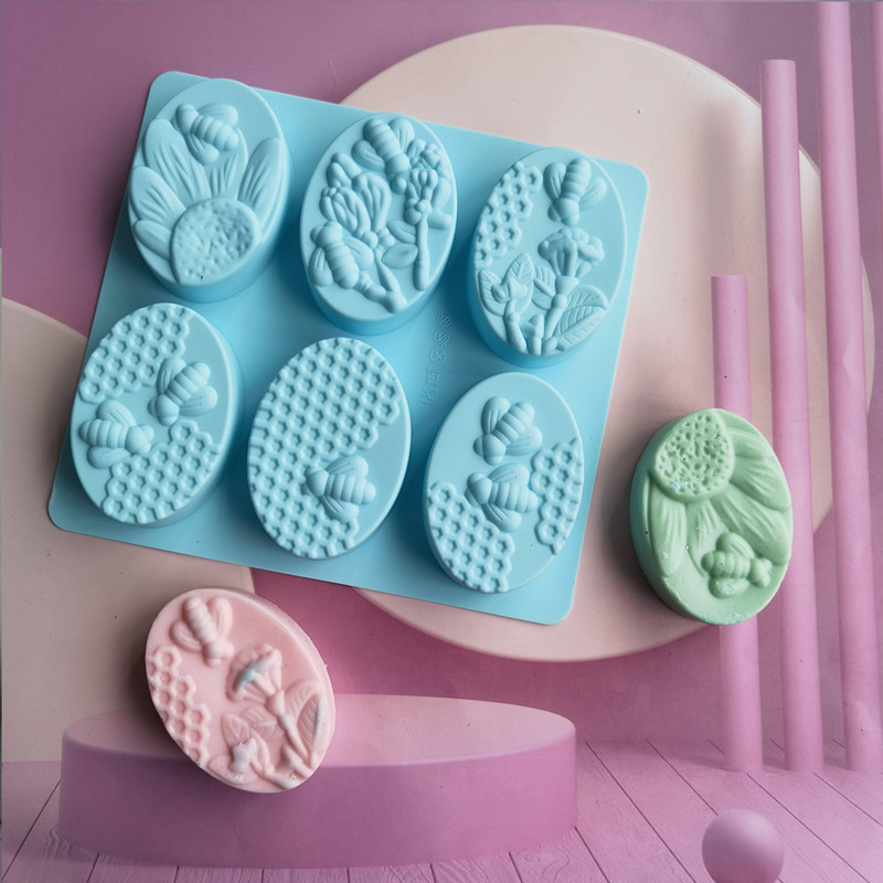 6 bičių formos silikoninės muilo formos, ovalios rankų darbo silikoninės muilo formos, gėlių ir korio formos „pasidaryk pats“ tortų formelės, kepimo formos