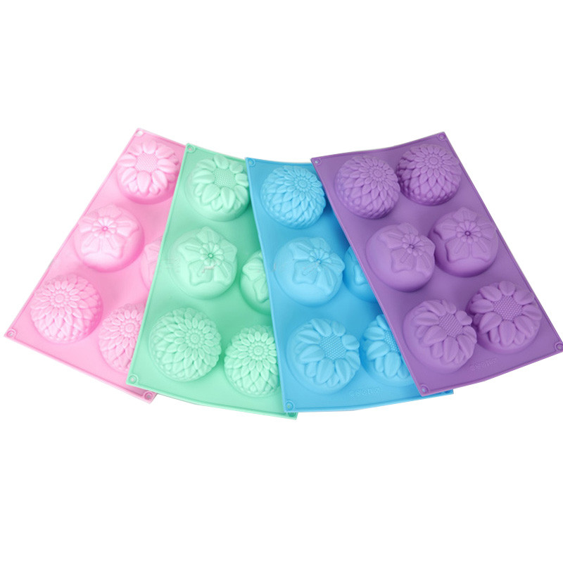 Silikono muilo forma 6 skylučių gėlių formos netoksiškos fondanto tortų formos, skirtos rankų darbo muilui gaminti „pasidaryk pats“ konditerijos kepimo priedus
