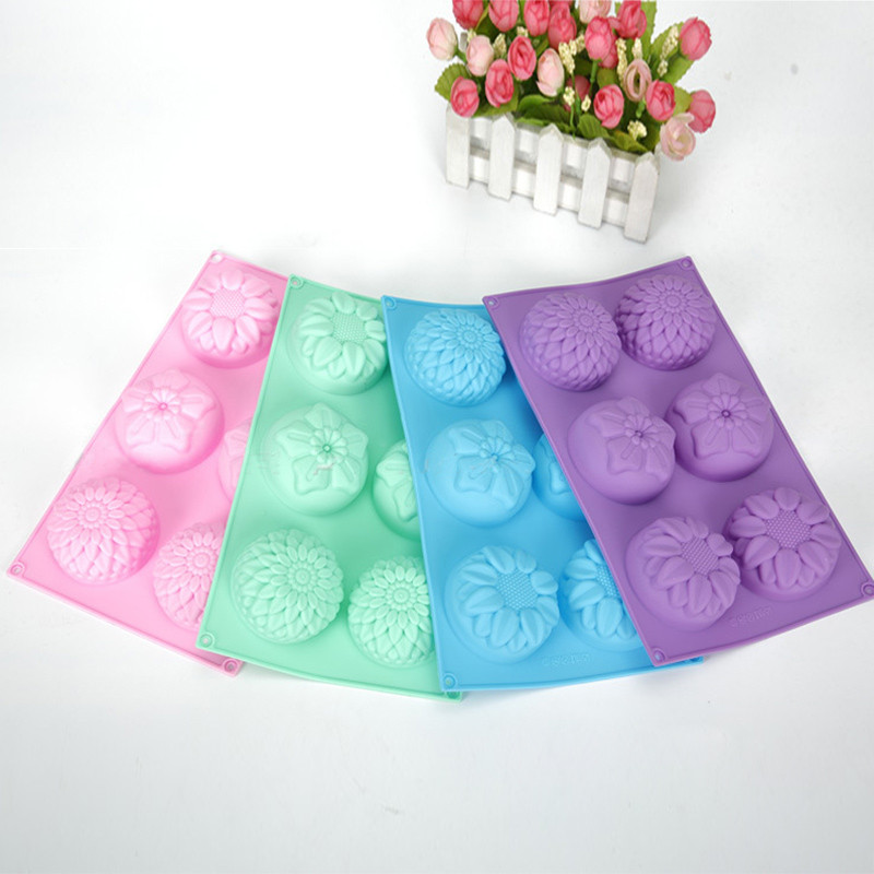 Silikono muilo forma 6 skylučių gėlių formos netoksiškos fondanto tortų formos, skirtos rankų darbo muilui gaminti „pasidaryk pats“ konditerijos kepimo priedus