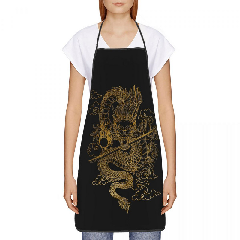 Kuldne Hiina draakon Totem Köök Kokk Söögitegemine Küpsetuspõll Naised Mehed Traditsioon Aasia mütoloogia Tablier köök aiatöödeks