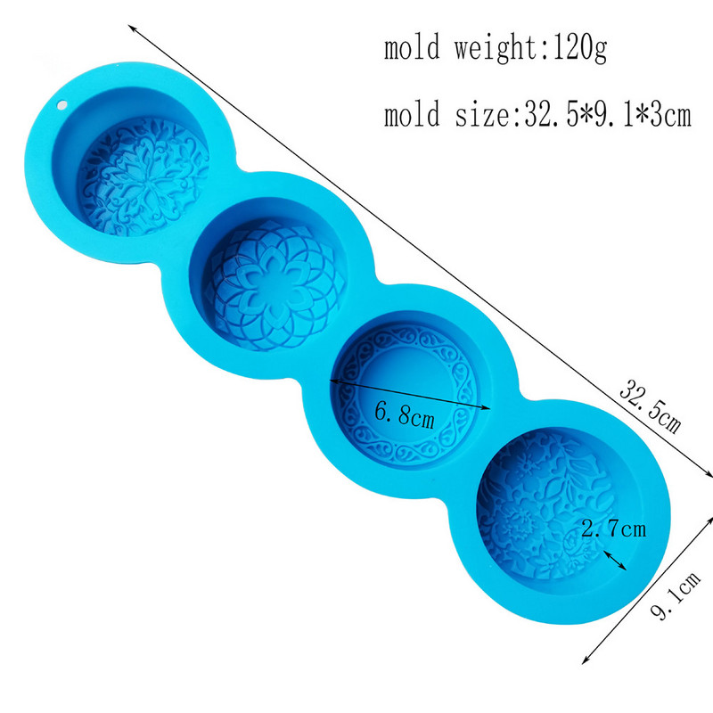 4 õõnsusega ümmargune lilleline silikoonseebivorm Käsitsi valmistatud DIY Fondant šokolaadiseebivorm Cake Moon Cake käsitöö valmistamise tööriist