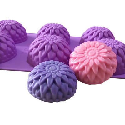 Нови 3D форми за сапун с хризантеми Цветя Силиконови форми Форми за свещи Инструменти за декорация на слънчогледова торта 6 решетки Смола Форма