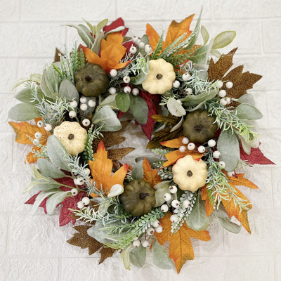 Fall Wreaths for Front Door 40cm Autumn Wreath with Berry Pumpkin, Maple Leaves, Thanksgiving Harvest Festival Decorations