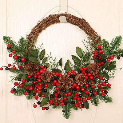 Christmas Rattan Wreath Pine Natural Branches Berries&Pine Cones  Christmas Wreath Supplies Home Door Decoration For New Year`s