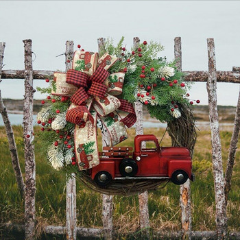 Κόκκινο φορτηγό Χριστουγεννιάτικο στεφάνι Ρουστίκ Φθινοπωρινό μπροστινή πόρτα Τεχνητές γιρλάντες αγροικία κεράσια με κορδέλα Κρεμαστό εορταστικό στεφάνι
