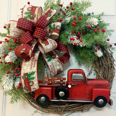 Punase veoauto jõulupärg Rustikaalne sügisene esiukse kunstlik pärg, talumaja kirsid lindiga rippuv pidulik pärg