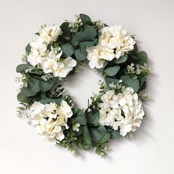 Λευκή ορτανσία Πράσινα φύλλα Γιρλάντα Ευκάλυπτος Διακόσμηση σπιτιού Τεχνητό λουλούδι στεφάνι για διακόσμηση γάμου Χριστουγεννιάτικο στολίδι