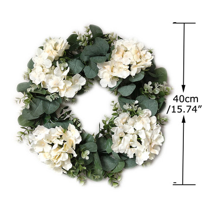 Baltās hortenzijas zaļās lapas Eikalipta vītnes mājas dekors Mākslīgo ziedu vainags kāzu dekorēšanai Ziemassvētku rotājums