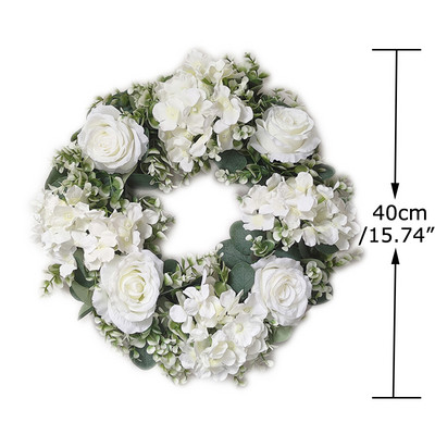 Baltās hortenzijas zaļās lapas Eikalipta vītnes mājas dekors Mākslīgo ziedu vainags kāzu dekorēšanai Ziemassvētku rotājums