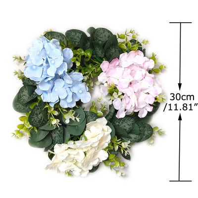 Baltās hortenzijas zaļās lapas Eikalipta vītnes mājas dekors Mākslīgo ziedu vainags kāzu dekorēšanai Ziemassvētku rotājums