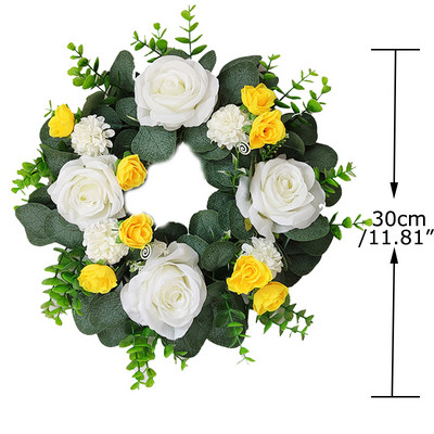 Baltās hortenzijas zaļās lapas Eikalipta vītnes mājas dekors Mākslīgo ziedu vainags kāzu dekorēšanai Ziemassvētku rotājums