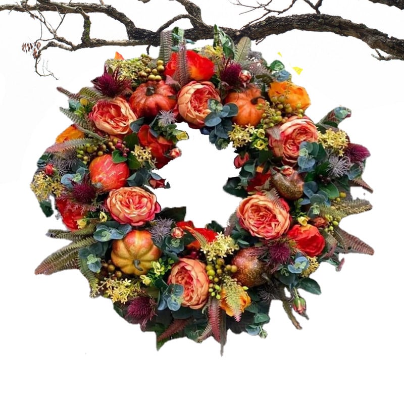 Dirbtinis rudens vainiko papuošimas Moliūgų ir bijūnų vainikas Moliūgų vainikas Helovino padėkos girliandos kalėdinis dekoras