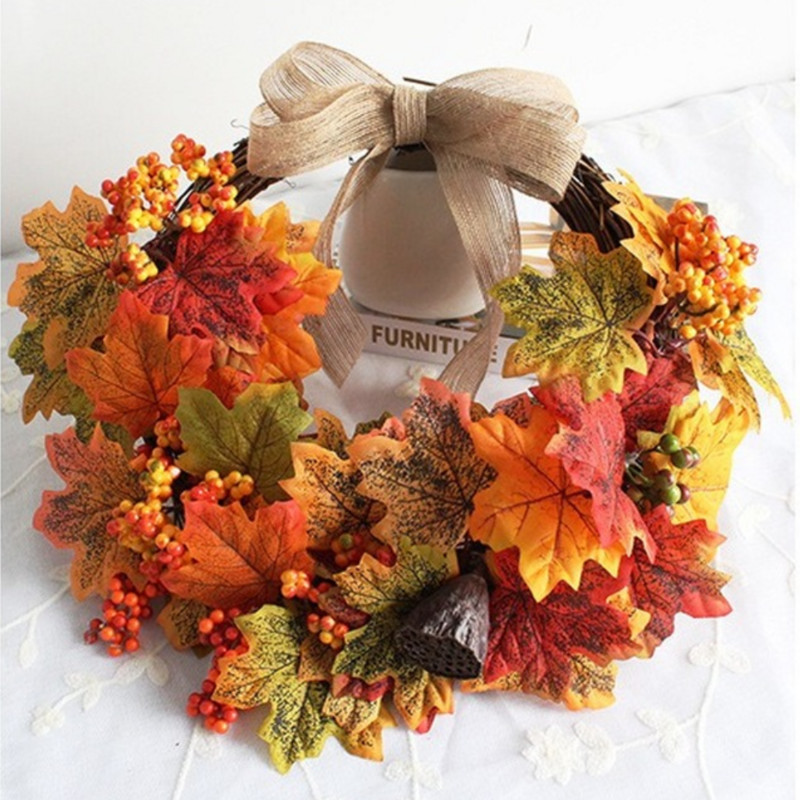 Coroană de frunze de arțar artificială, agățată pentru ușă, toamnă, ratan, fermă, decorațiuni pentru casă, festivalul recoltei, ornamente de Crăciun, ghirlande