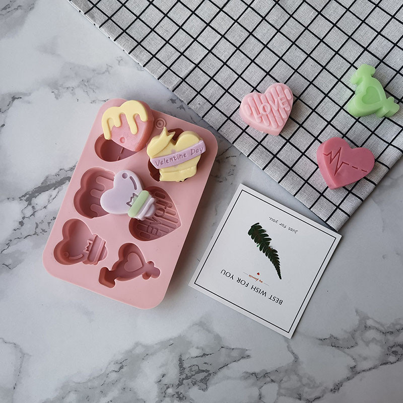 6 auguga erineva kujuga armastuse seebivorm käsitsi valmistatud käsitöö jaoks DIY seebi valmistamise tööriistad vormid toidukvaliteediga silikoonseep