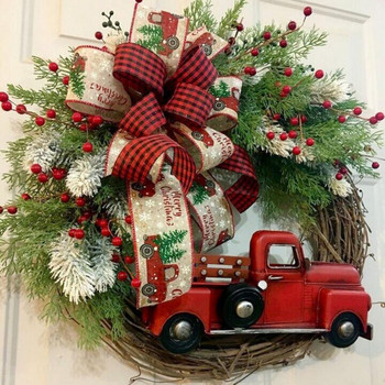 Τεχνητό Χριστουγεννιάτικο στεφάνι Red Truck Rattan Χριστουγεννιάτικα στεφάνια τοίχου Μπροστινή πόρτα στεφάνι με κλαδί πεύκου Κορδέλα διακόσμηση λουλουδιών