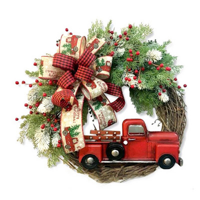 Изкуствен коледен венец Червен камион Ратан Коледни венци Стенен венец от предна врата с борови клони Панделка Цветен декор