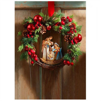 Χριστουγεννιάτικο Χριστουγεννιάτικο Στεφάνι Αγίας Οικογένειας με Τεχνητά Μούρα Πράσινο Φιόγκο Ιησούς Χριστός Κρεμαστή γιρλάντα Χριστουγεννιάτικη διακόσμηση