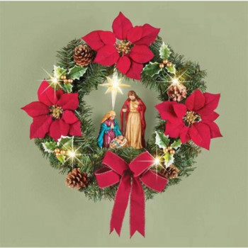 Χριστουγεννιάτικο Χριστουγεννιάτικο Στεφάνι Αγίας Οικογένειας με Τεχνητά Μούρα Πράσινο Φιόγκο Ιησούς Χριστός Κρεμαστή γιρλάντα Χριστουγεννιάτικη διακόσμηση