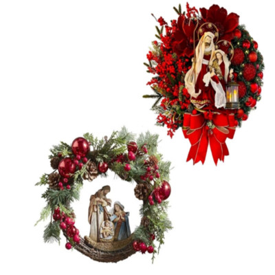Christmas Nativity Holy Family Wreath with Artificial Berries Greenery Bow Jesus Christ Hanging Garland Xmas Festival Decor