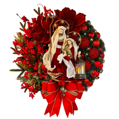 Ziemassvētku piedzimšanas svētās ģimenes vainags ar mākslīgām ogām, zaļumu loks Jēzus Kristus karājās vītnes Ziemassvētku festivāla dekors