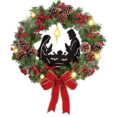 Ziemassvētku piedzimšanas svētās ģimenes vainags ar mākslīgām ogām, zaļumu loks Jēzus Kristus karājās vītnes Ziemassvētku festivāla dekors