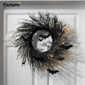 Helovīna vainags priekšdurvju apgaismojumam Ziemassvētku vītne, melna sikspārņa rotangpalmas vainags Helovīna rotājumi mājas ballīšu rekvizītiem