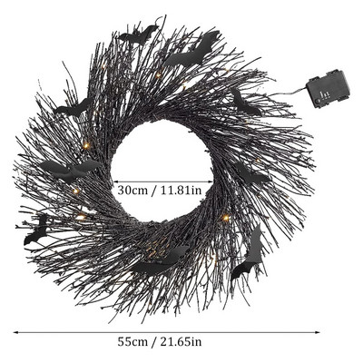 Helovīna vainags priekšdurvju apgaismojumam Ziemassvētku vītne, melna sikspārņa rotangpalmas vainags Helovīna rotājumi mājas ballīšu rekvizītiem