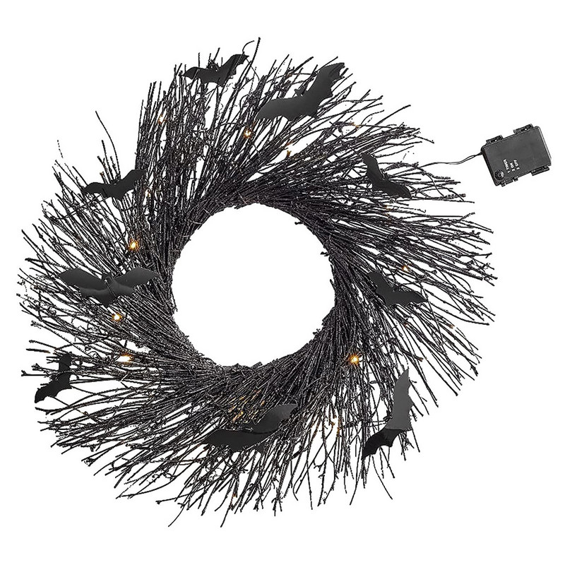 Helovīna vainags priekšdurvju apgaismojumam Ziemassvētku vītne, melna sikspārņa rotangpalmas vainags Helovīna rotājumi mājas ballīšu rekvizītiem
