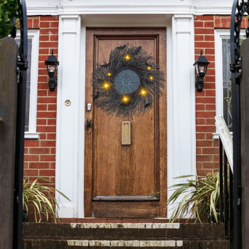 Helovīna vainags priekšdurvju apgaismojumam Ziemassvētku vītne, melna sikspārņa rotangpalmas vainags Helovīna rotājumi mājas ballīšu rekvizītiem