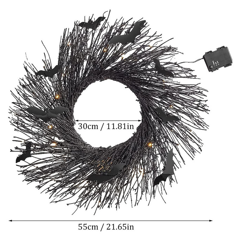 Helovīna vainags priekšdurvju apgaismojumam Ziemassvētku vītne, melna sikspārņa rotangpalmas vainags Helovīna rotājumi mājas ballīšu rekvizītiem