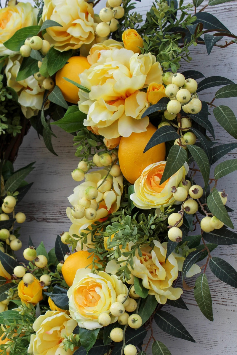 Coroană de lămâie de primăvară vară de 35 cm pentru ghirlande cu rame de flori pentru ușa din față Decor de bun venit pentru casă, fermă, ghirlande în aer liber