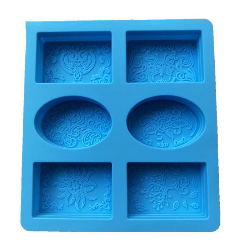 Cu 6 găuri, model de flori în relief, dreptunghi oval, matriță pentru săpun din silicon