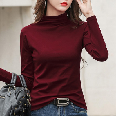 Sieviešu elastīga blūze ar polo apkakli un garām piedurknēm