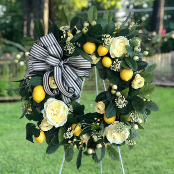 Κίτρινο στεφάνι λεμονιού 45 εκ. με υφαντό Τεχνητό τριαντάφυλλο Διακόσμηση Προσομοίωση Φύλλα Μπροστινής Πόρτας Κρεμαστή γιρλάντα για γάμο