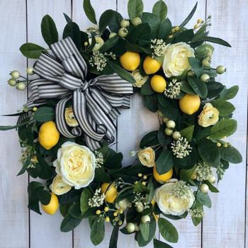 45 см жълт лимонов венец с тъкаче растение изкуствена роза декорация симулация листа предна врата висящ гирлянд за сватба