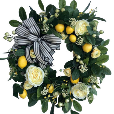 45 cm kollane sidrunipärg koos kudumistaimedega kunstliku roosi kaunistuse simulatsiooniga esiukse rippuv vanik pulmadeks