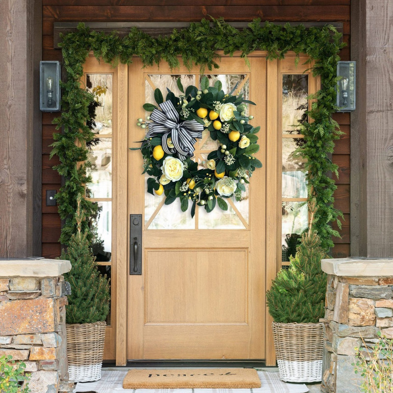 45 cm kollane sidrunipärg koos kudumistaimedega kunstliku roosi kaunistuse simulatsiooniga esiukse rippuv vanik pulmadeks