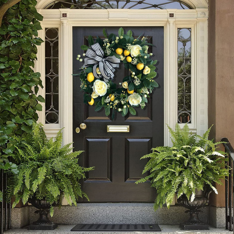 45 cm kollane sidrunipärg koos kudumistaimedega kunstliku roosi kaunistuse simulatsiooniga esiukse rippuv vanik pulmadeks