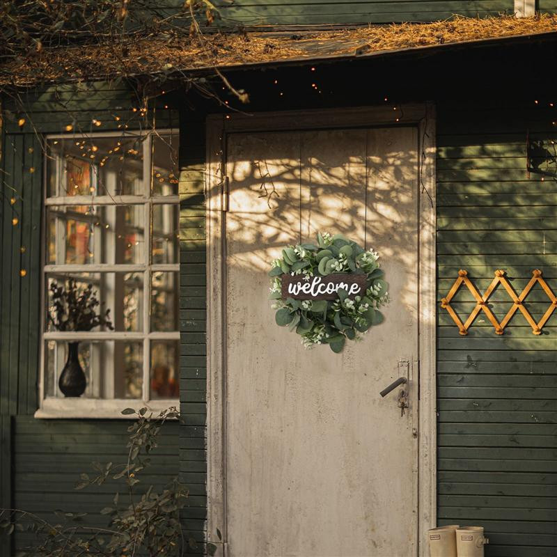 1 tk tervituspärja dekoratiivuks, rippuv vanik Ornament Simulatsioon lehtede pärg Kunstlik taimekaunistus kodupeoks