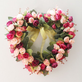 Валентин венец за входна врата във формата на сърце Изкуствен гирлянд от розови цветя Копринен фалшив божур Сватбена декорация за стена