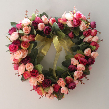Валентин венец за входна врата във формата на сърце Изкуствен гирлянд от розови цветя Копринен фалшив божур Сватбена декорация за стена