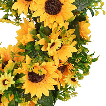 Τεχνητό καλοκαιρινό στεφάνι ηλίανθου-16 ιντσών Διακοσμητικό στεφάνι ψεύτικο λουλούδι με κίτρινο ηλίανθο και πράσινα φύλλα για μπροστινή πόρτα I