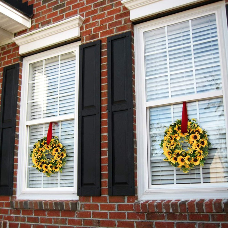 Τεχνητό καλοκαιρινό στεφάνι ηλίανθου-16 ιντσών Διακοσμητικό στεφάνι ψεύτικο λουλούδι με κίτρινο ηλίανθο και πράσινα φύλλα για μπροστινή πόρτα I